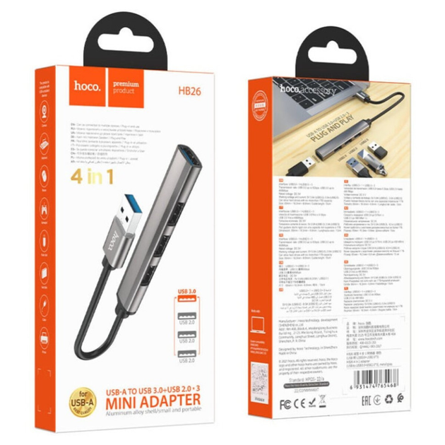 Кабель-переходник HOCO HB26 4 in 1 adapter(USB to USB3.0+USB2.0*3) Metal Gray (6931474765468)