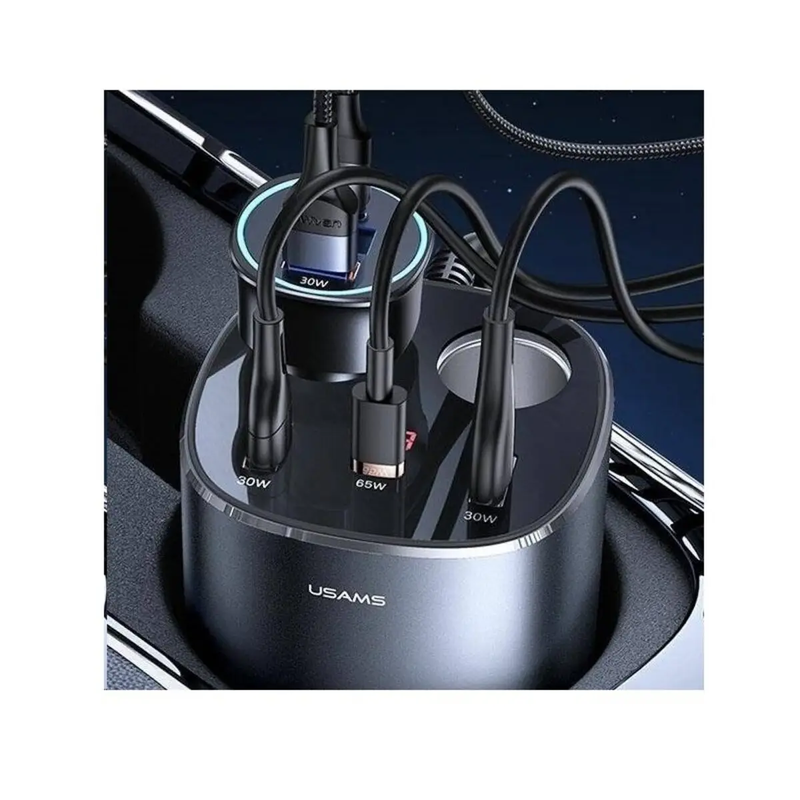 АЗУ Usams US-CC151 C28 245W 2A+C 3 Ports + Dual Cigarette Lighters Digital Display Fast Car Charger Grey (CC151TC01)