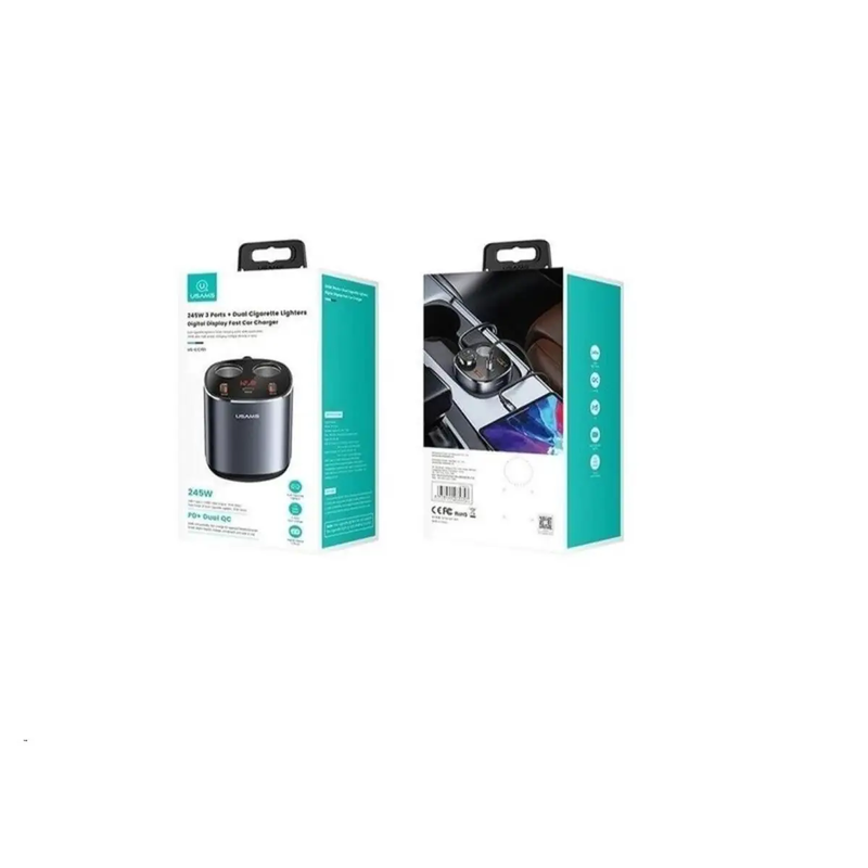 АЗУ Usams US-CC151 C28 245W 2A+C 3 Ports + Dual Cigarette Lighters Digital Display Fast Car Charger Grey (CC151TC01)
