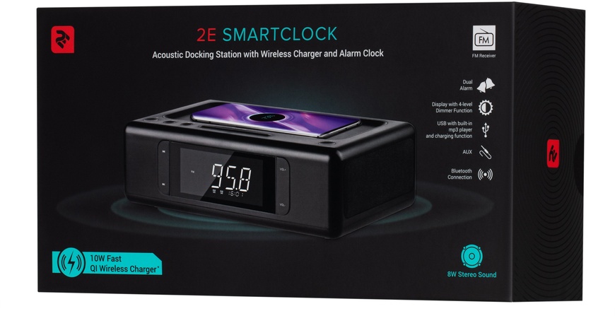 Акустична док-станція 2E SmartClock Wireless Charging, Alarm Clock, Bluetooth,FM (2E-AS01QIBK)