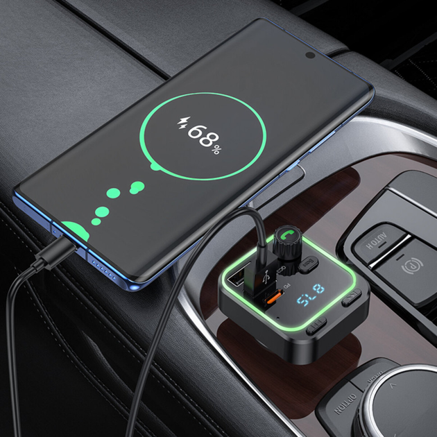 АЗУ с FM-модулятором BOROFONE BC53 Highway PD20W+QC3.0 car BT FM transmitter 18W Black (6941991108457)