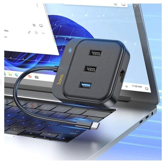 Хаб HOCO HB37 Easy link 6-in-1 Multiport Adapter (HDTV+RJ45+USB3.0+USB2.0*2+PD100W) Black (6931474799029)