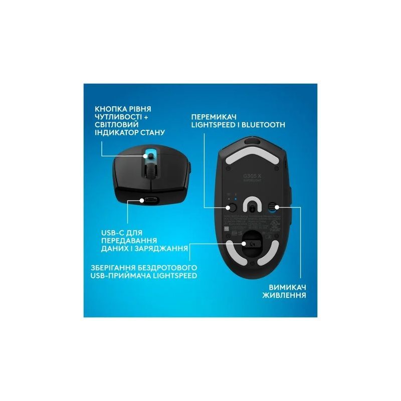 Мышка Logitech G305 X Superlight RGB Wireless/Bluetooth/USB Black (910-007739)