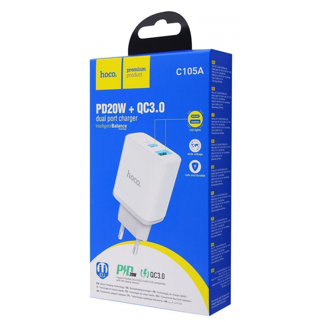 Зарядное устройство HOCO C105A Stage dual port PD20W+QC3.0 charger White (6931474782946)