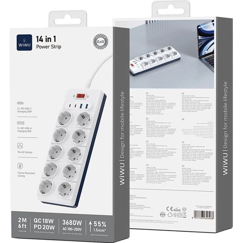 Мережевий подовжувач WIWU 14 in 1 20W GaN Power Strip 2C+2A+10AC Wi-S008 EU (2 m) White (6977703656268)