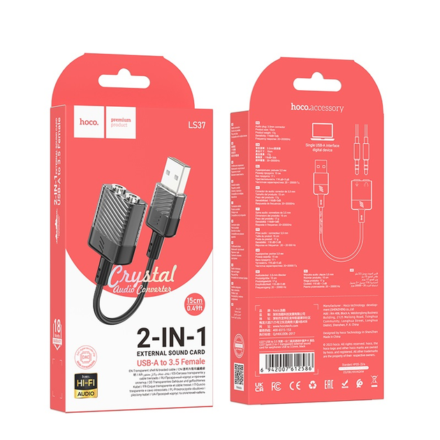 Звуковая карта HOCO LS37 Spirit 2-in-1 transparent externy sound card for earphones USB to 3.5mm Black (6942007612586)