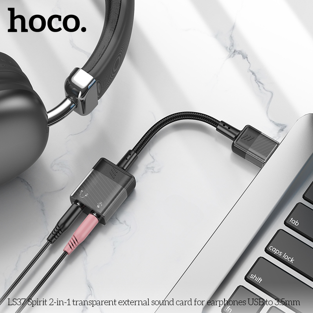 Звуковая карта HOCO LS37 Spirit 2-in-1 transparent externy sound card for earphones USB to 3.5mm Black (6942007612586)
