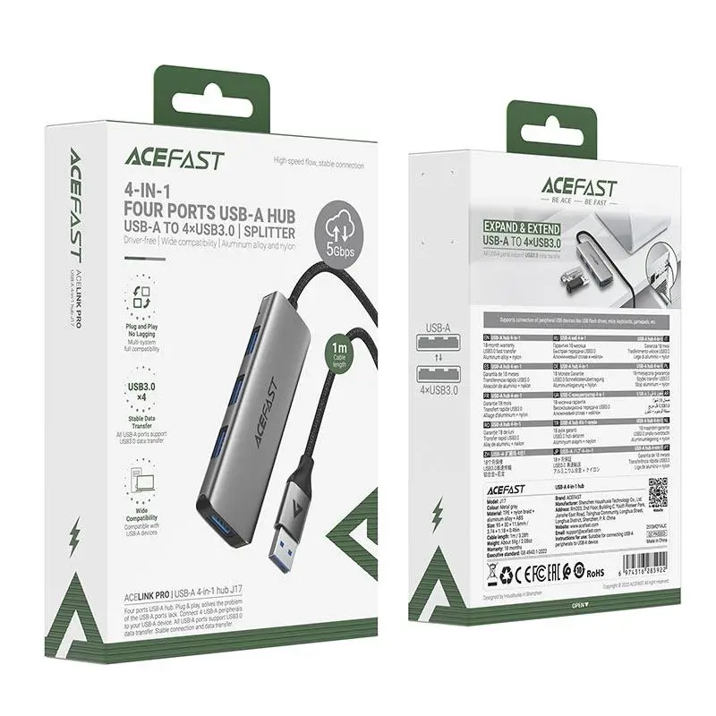 USB-хаб ACEFAST J17 USB-A 4-in-1 HUB Metal Gray (6974316285922)