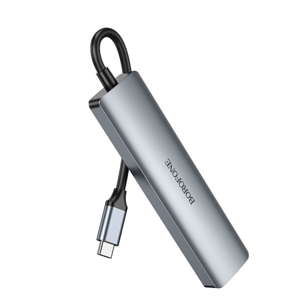 USB-хаб конвертор та кардрідер BOROFONE DH15 Buddy Type-C 6-in-1 adapter Metal Gray (6941991115585)