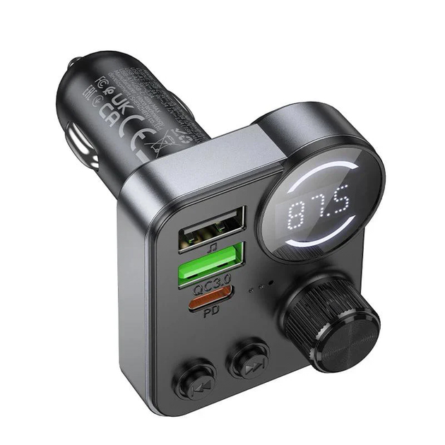 АЗУ з FM-модулятором HOCO E86 Alegria 48W dual port PD30W+QC3.0 car BT FM transmitter Black (6942007646956)