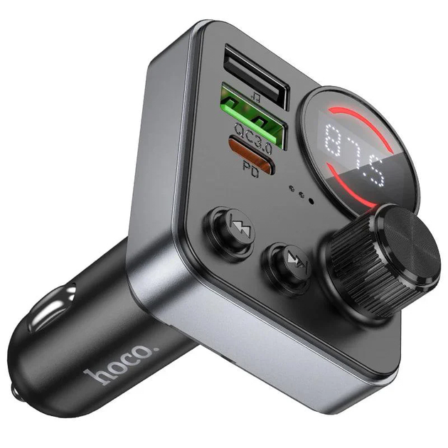АЗУ з FM-модулятором HOCO E86 Alegria 48W dual port PD30W+QC3.0 car BT FM transmitter Black (6942007646956)