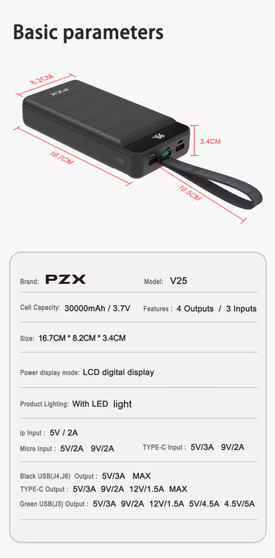 Повербанк з ліхтариком PZX 30000mAh, швидкий заряд 22W, Power Delivery, Quick Charge Black (V25)