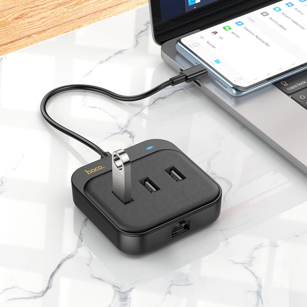 Хаб HOCO HB35 Easy link 4-in-1 Gigabit Ethernet Adapter (Type-C to USB3.0*3+RJ45)(L=0.2M) Black (6931474799005)