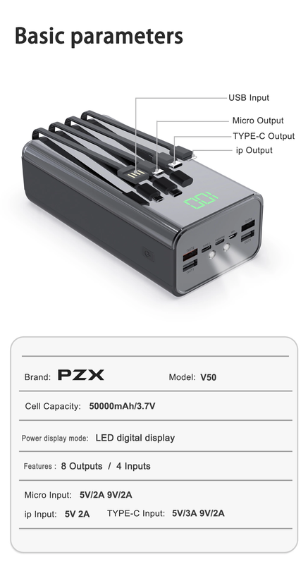 Повербанк с фонариком PZX 50000mAh, быстрый заряд 22W, Power Delivery, Quick Charge Black (V50)