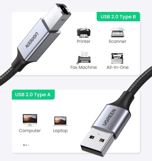 Кабель UGREEN US369 USB-A Male to USB-B 2.0 Printer Cable Alu Case with Braid 2m (Black)(UGR-80803)