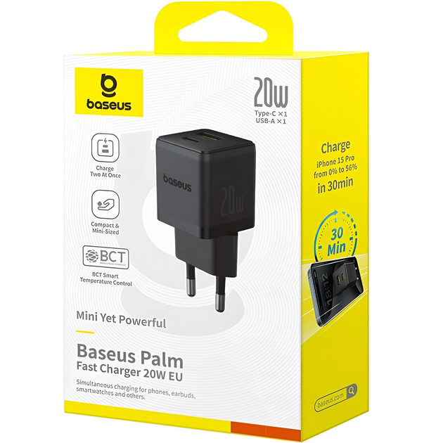 Зарядное устройство Baseus Palm Fast Charger C+U 20W EU Cluster Black (P10111608113-00