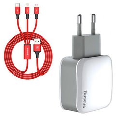 Зарядний пристрій Baseus Letour Dual U Charger(EU)+3-in-1 Red Cable (Apple+Micro+Type-C) White